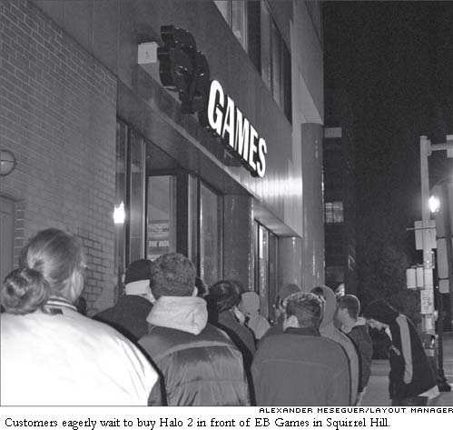 Customers eagerly wait to buy Halo 2 in front of EB Games in Squirrel Hill.